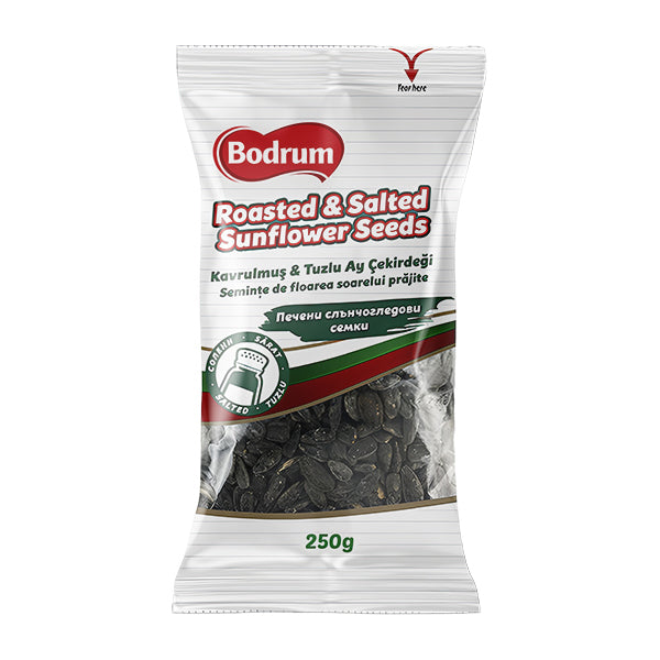 Packaged roasted and salted sunflower seeds with Bodrum branding on a white background