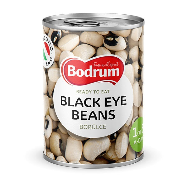 Can of Bodrum black eye beans on a white background