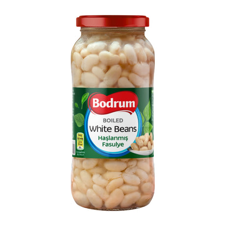 Jar of Bodrum white beans with a red lid on a white background