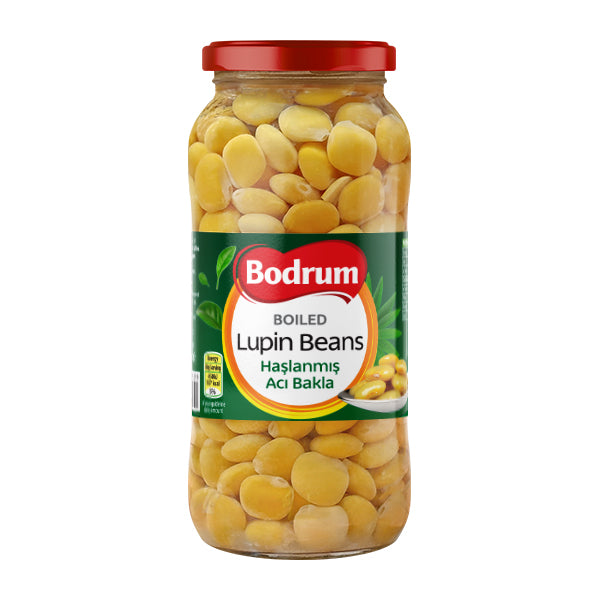 Jar of Bodrum boiled lupin beans on a white background