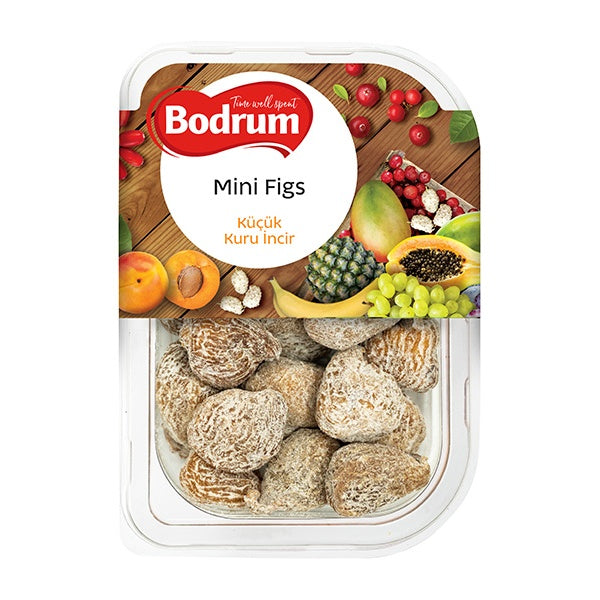 Packaging of Bodrum Mini Figs with a colourful fruit background on a white background