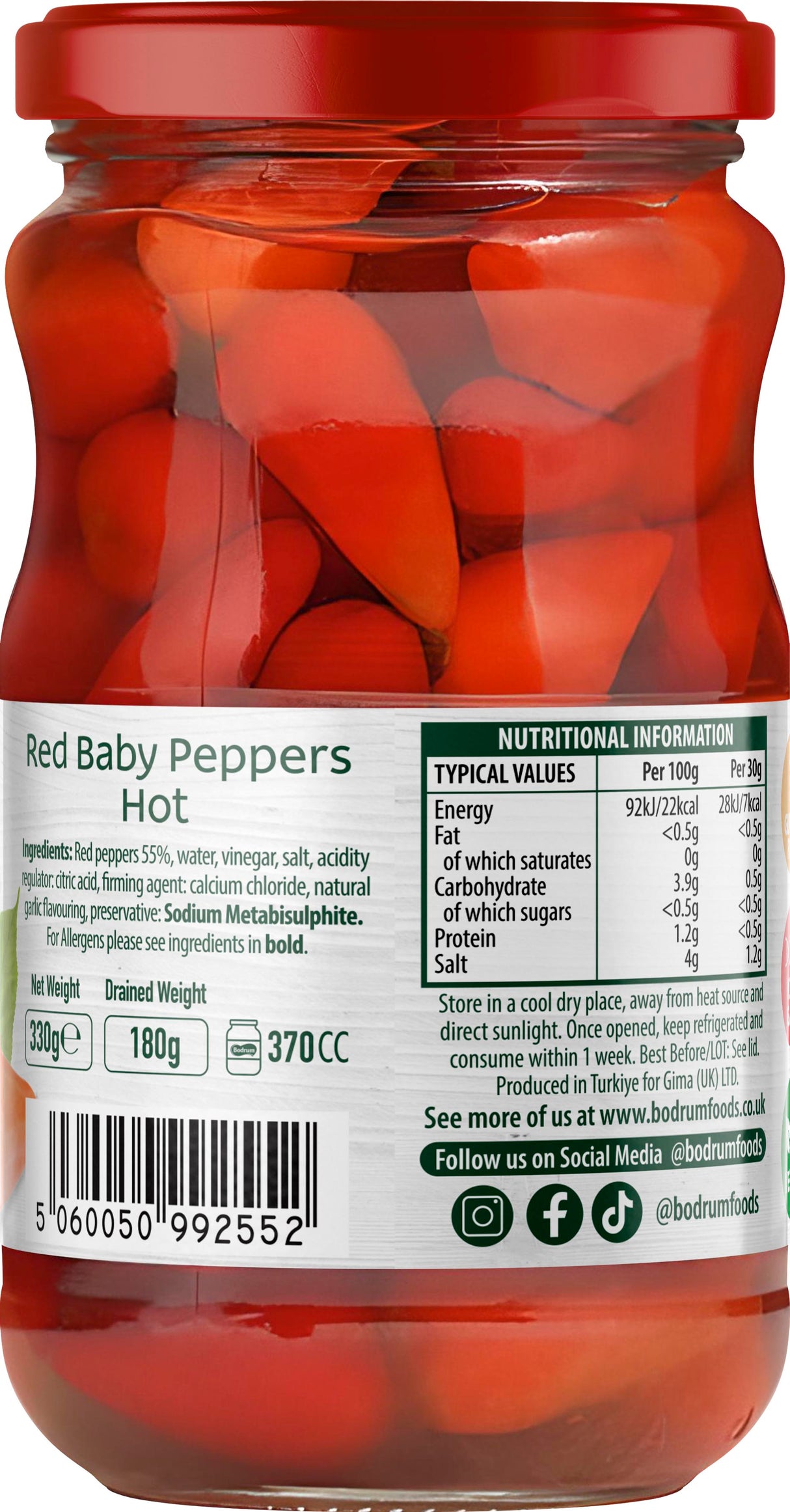 Bodrum Hot Red Baby Peppers 330g