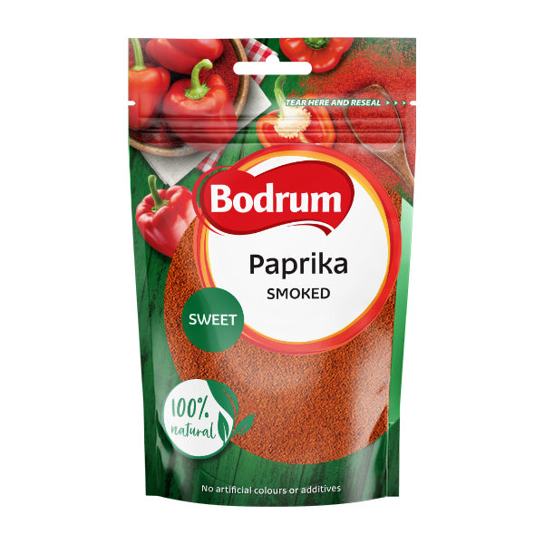 Bodrum smoked paprika packaging with peppers on a white background