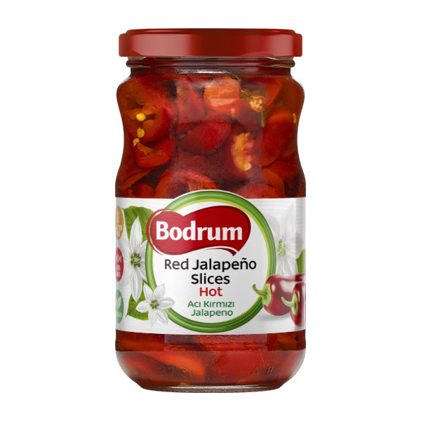 Jar of Bodrum Red Jalapeño Slices on a white background
