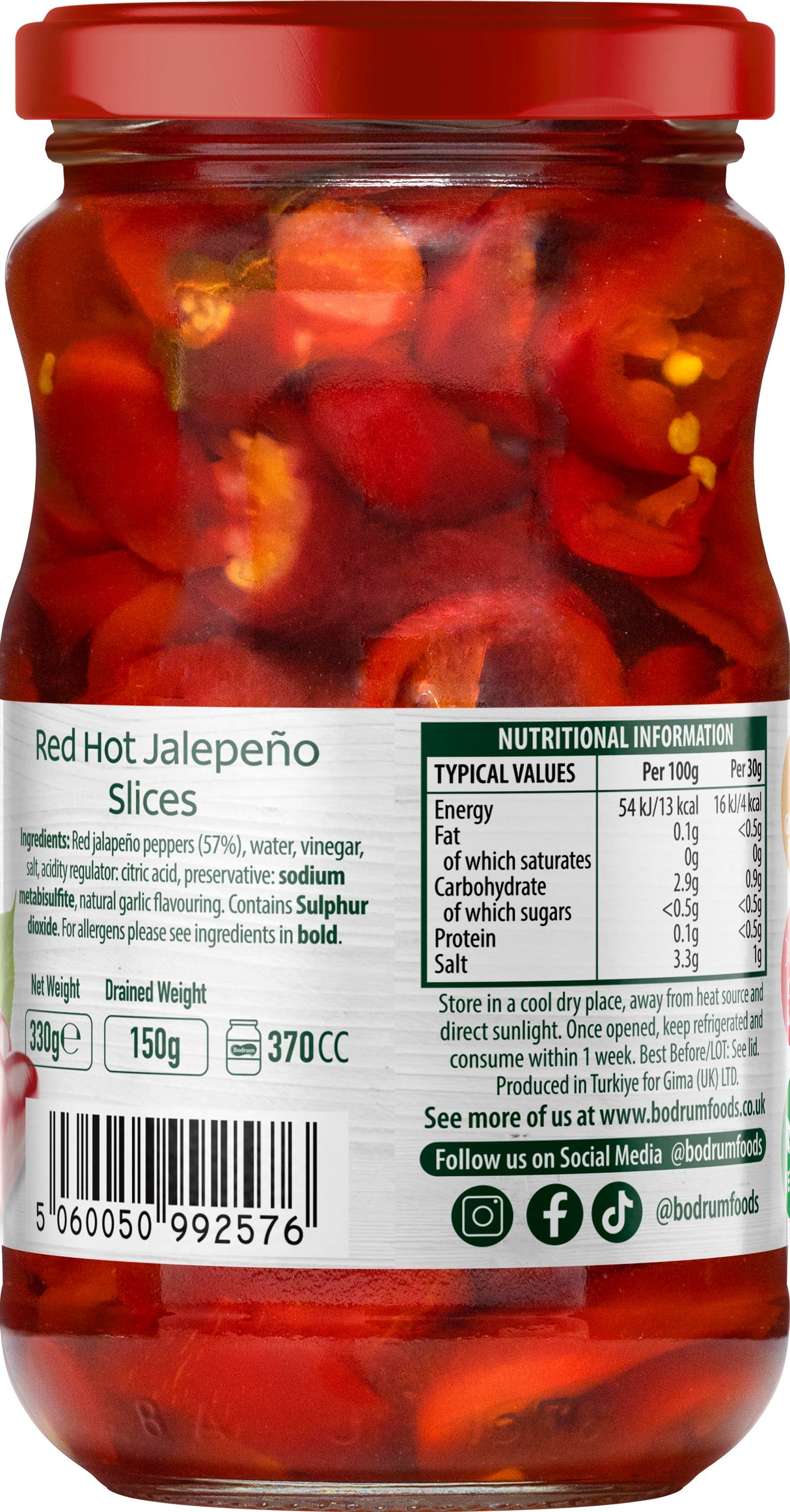 Jar of red hot jalapeño slices with nutritional information label