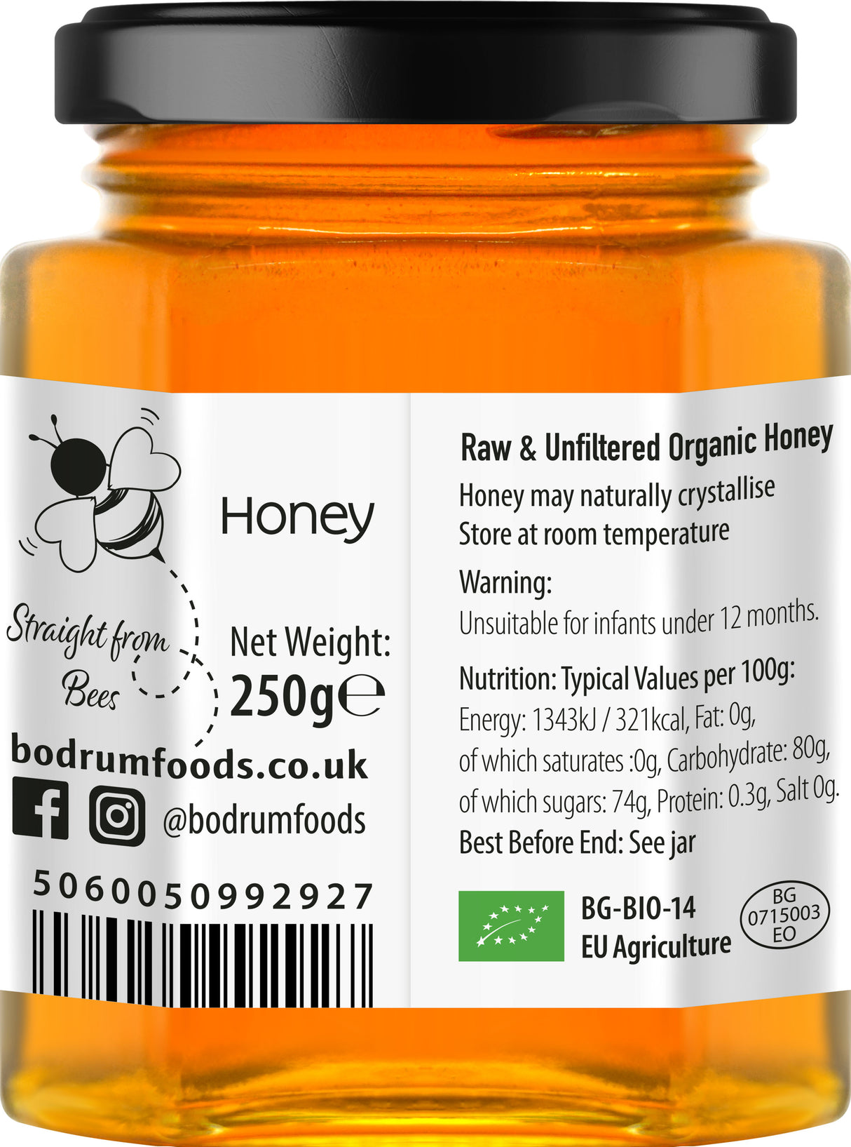 Honey jar with label showing brand information and product details
