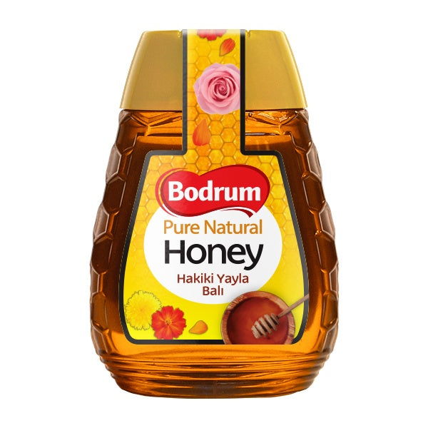 Bottle of Bodrum pure natural honey on a white background