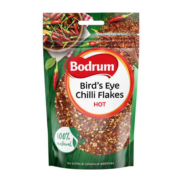 Packaging of Bodrum Bird's Eye Chilli Flakes on a white background