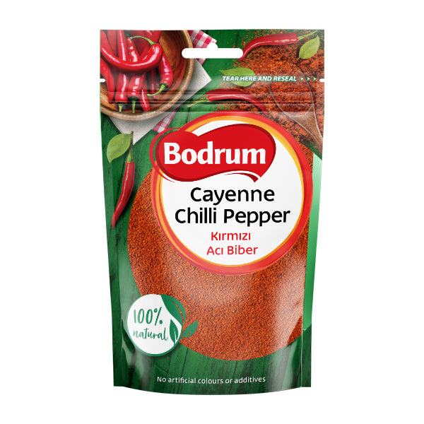 Packaging of Bodrum Cayenne Chilli Pepper on a white background