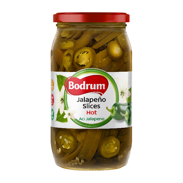 Jar of Bodrum jalapeño slices on a white background