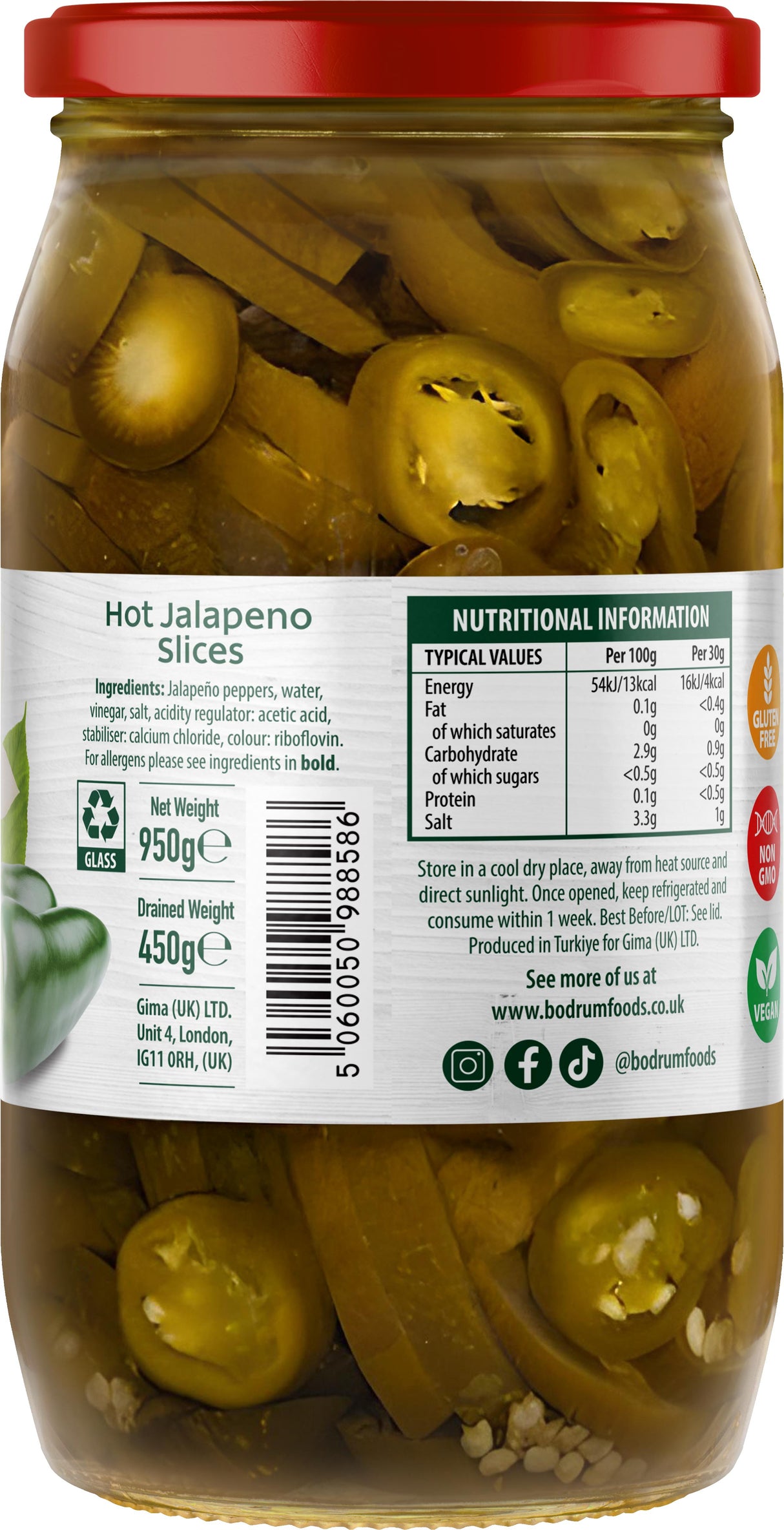Jar of hot jalapeno slices with a label showing nutritional information.