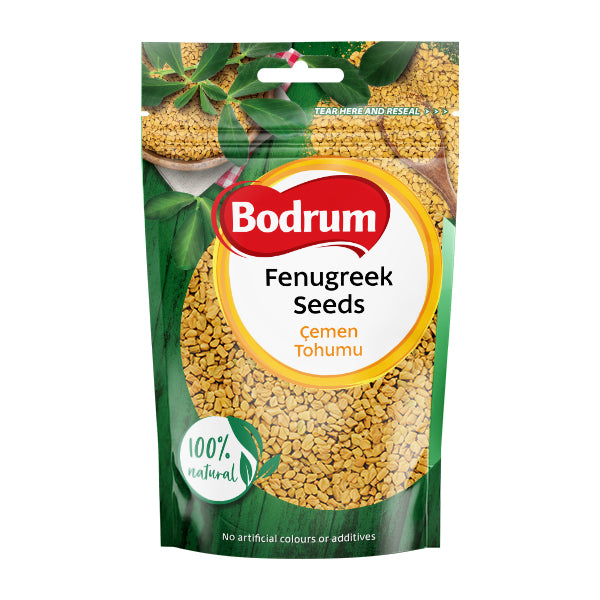 Package of Bodrum Fenugreek Seeds with green leaves on a white background