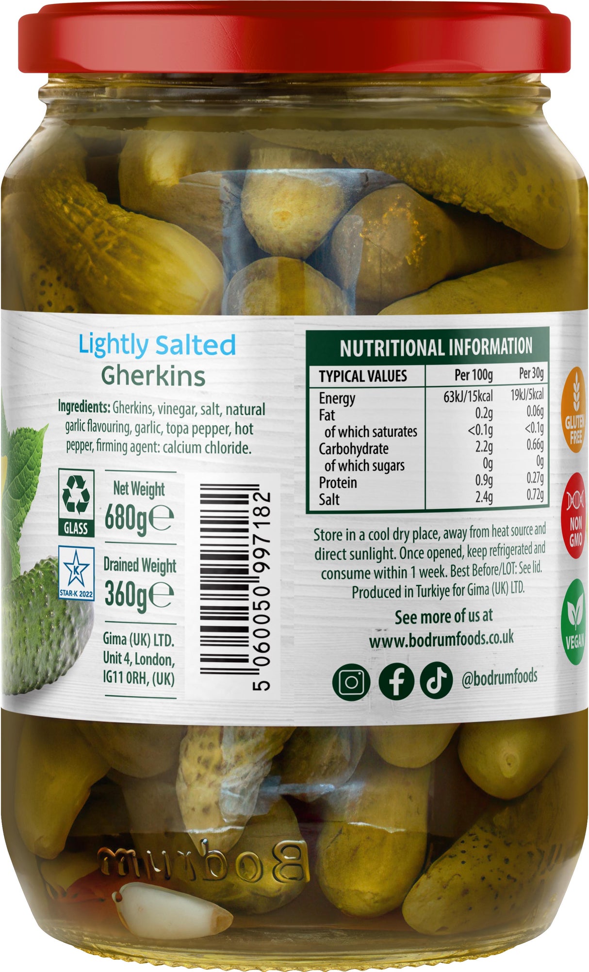 Bodrum Lightly Salted Pickled Gherkins 680g
