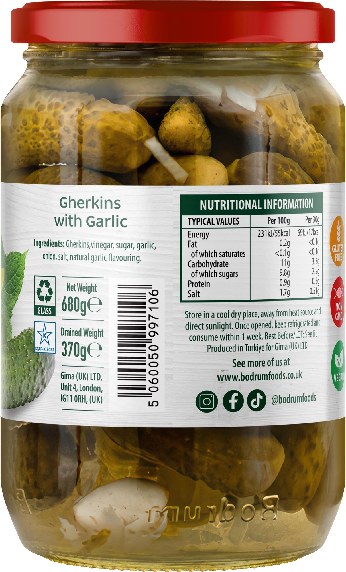 Bodrum Gherkins with Garlic 680g