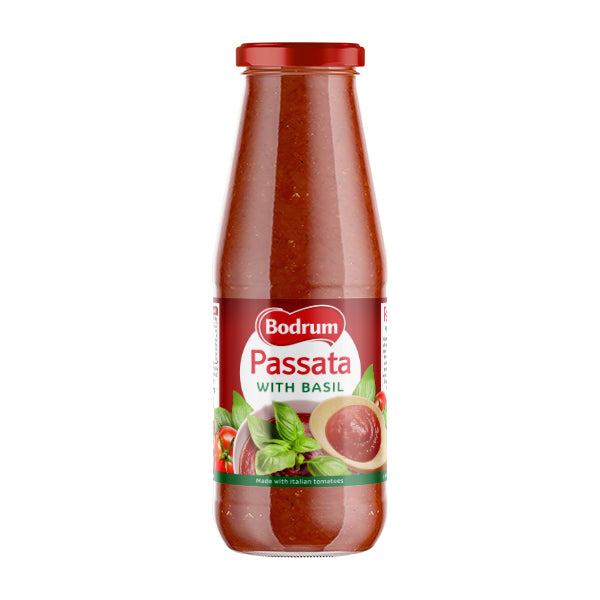 Bottle of Bodrum Passata with Basil on a white background