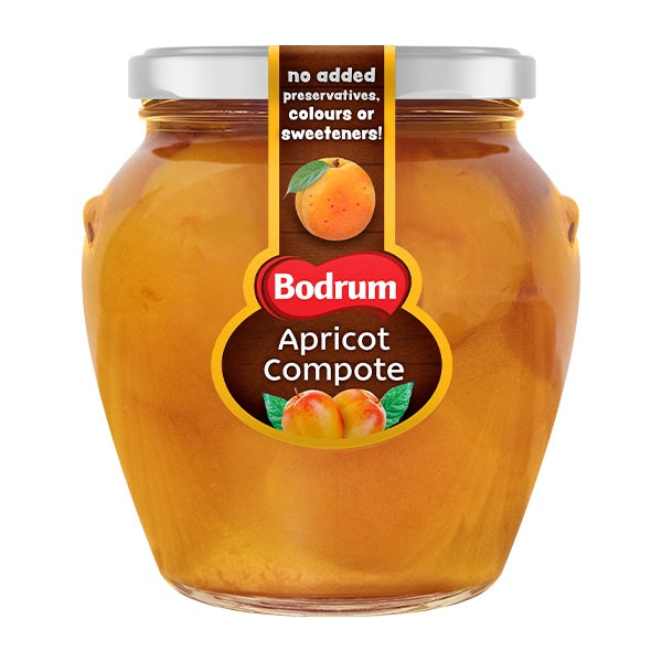 Jar of Bodrum Apricot Compote with a clear label on a white background