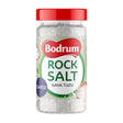 Jar of Bodrum rock salt on a white background