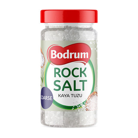 Jar of Bodrum rock salt on a white background
