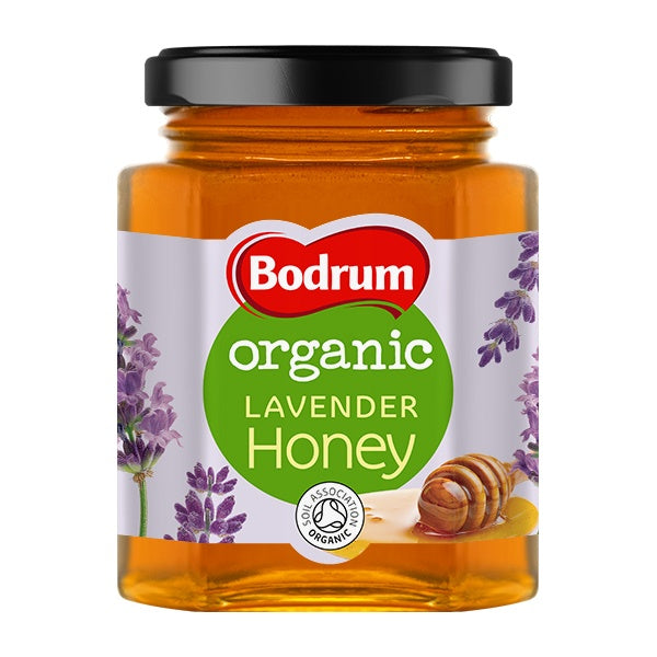 Jar of Bodrum organic lavender honey on a white background