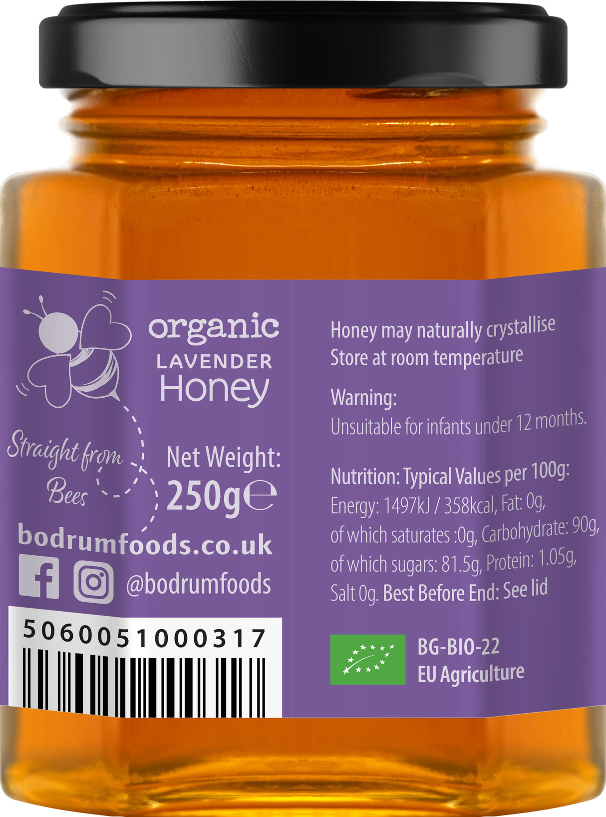 Jar of organic lavender honey with label showing brand information and nutritional details.