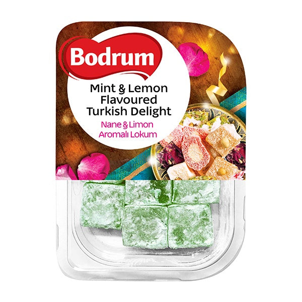Packaged Mint & Lemon Flavoured Turkish Delight with Bodrum branding on a white background
