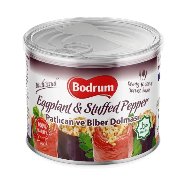 Can of Bodrum Eggplant & Stuffed Pepper on a white background