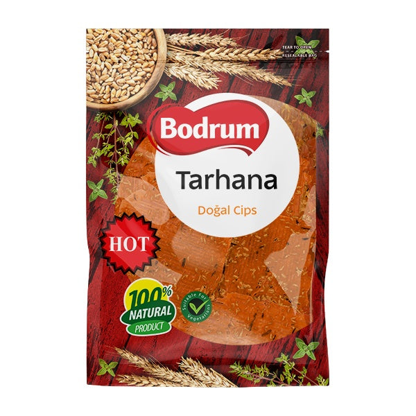 Bodrum Tarhana Hot Dogal Cips packaging with wheat elements on a red background