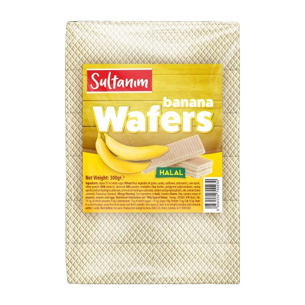 Pack of Sultanam banana wafers on a white background