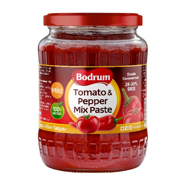 Jar of Bodrum Tomato & Pepper Mix Paste with a red lid on a white background