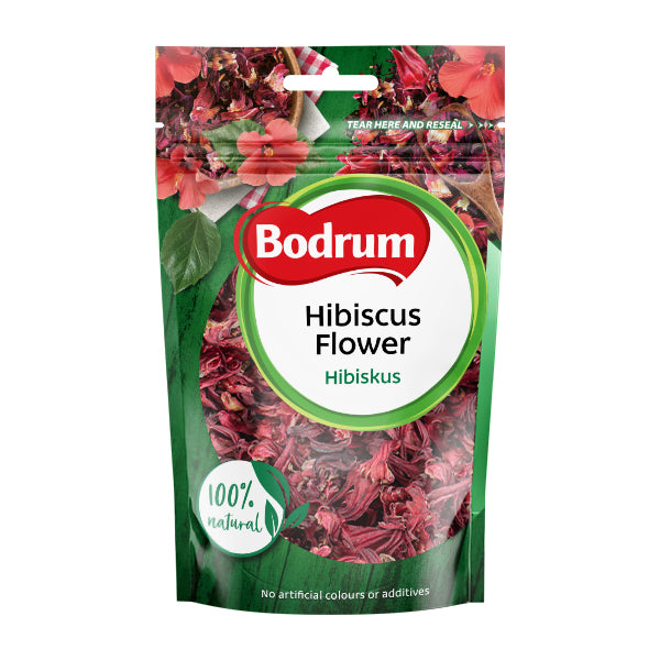 Packaged hibiscus flowers with Bodrum branding on a white background