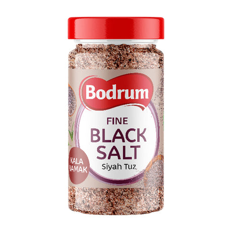 Bodrum Fine Black Salt jar with red lid on a white background