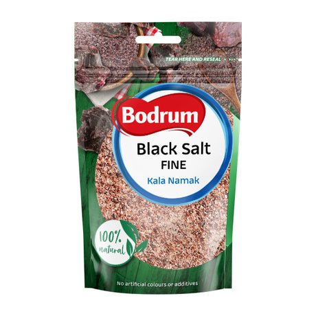 Packaging of Bodrum Black Salt Fine with visible brand logo and product details.