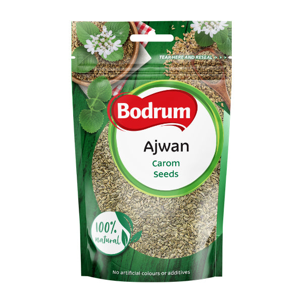 Packaging of Bodrum Ajwan Carom Seeds on a white background