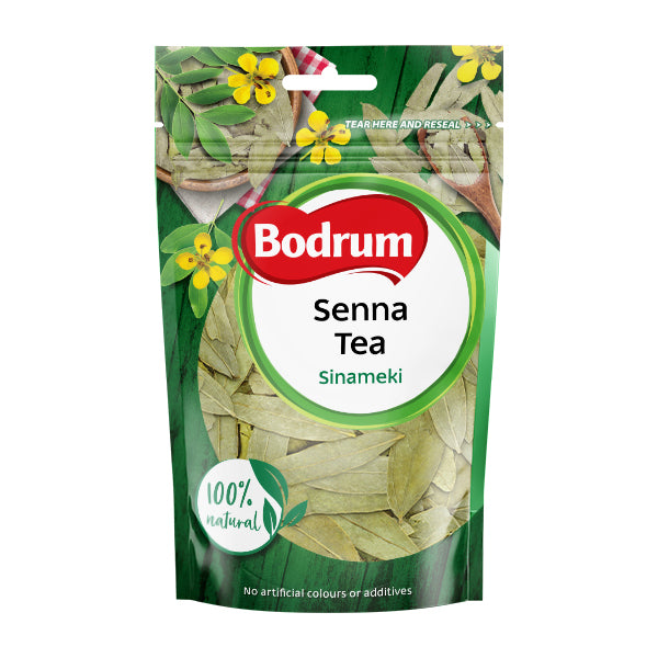 Bodrum Senna Tea package with green leaves and yellow flowers on a white background