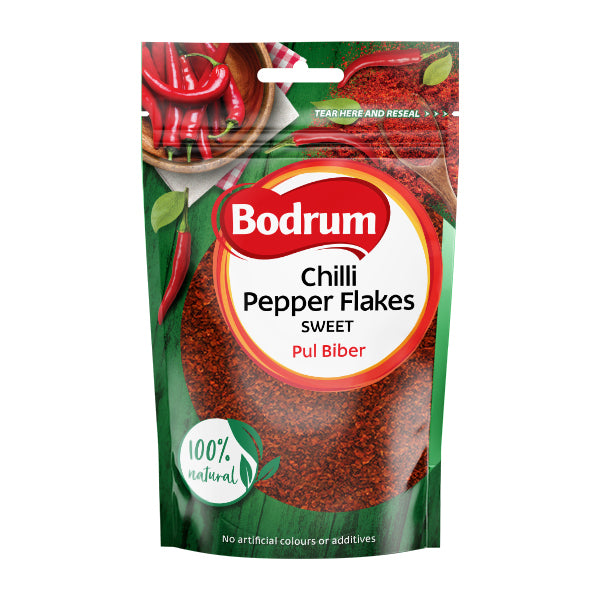 Packaging of Bodrum Chilli Pepper Flakes on a white background