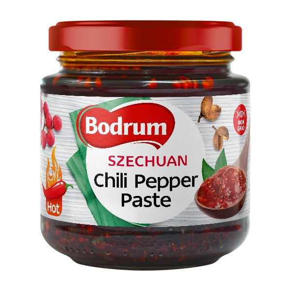 Jar of Bodrum Szechuan Chili Pepper Paste with a red lid on a white background