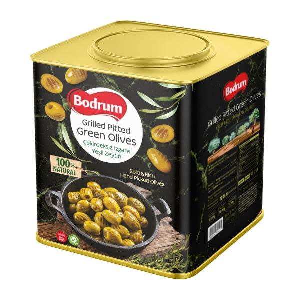Bodrum Grilled Pitted Green Olives tin can with yellow lid on a white background