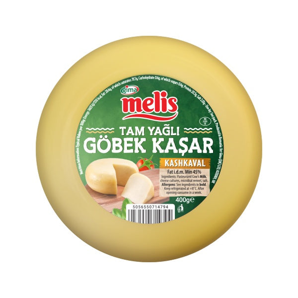 Round cheese wheel with 'Melis' label on a white background