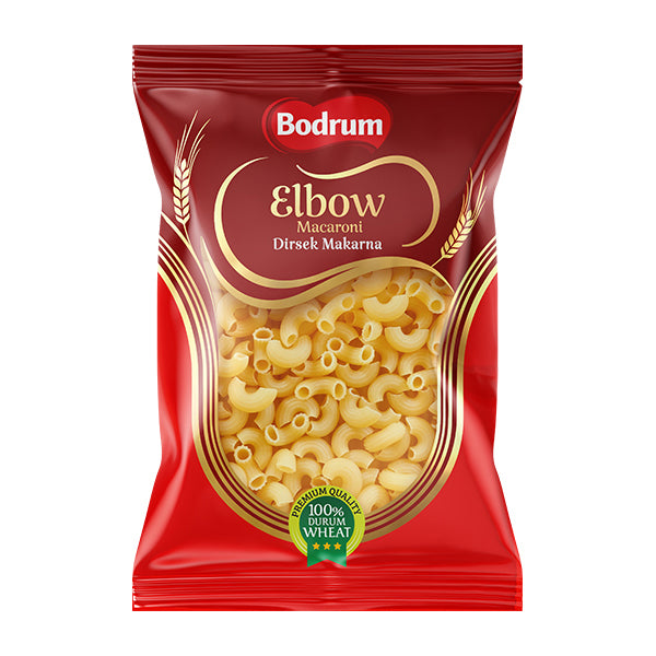 Red package of Bodrum Elbow Macaroni with wheat symbol on a white background