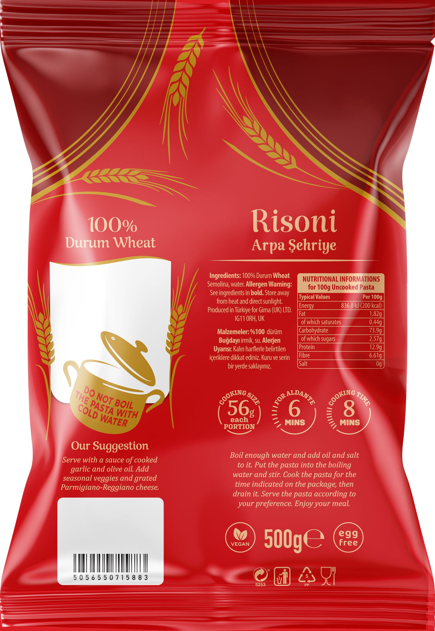 Red Risoni pasta packaging with wheat graphics and text.