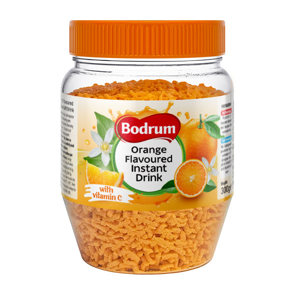 Jar of Bodrum Orange Flavoured Instant Drink with orange lid on a white background