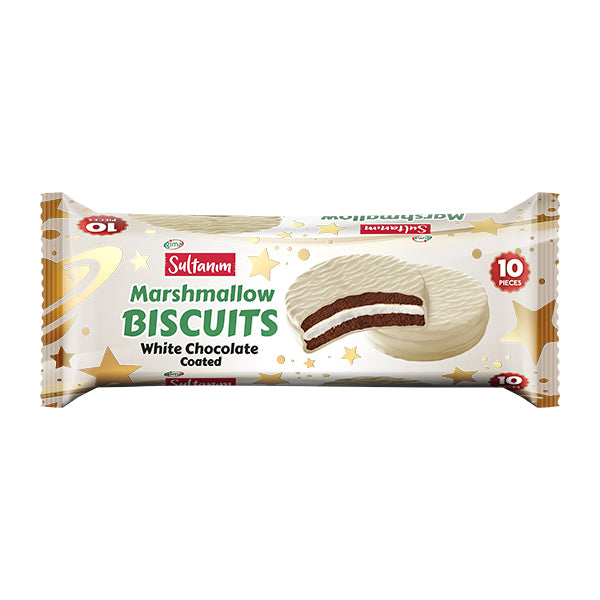 Pack of Sultanam Marshmallow Biscuits with white chocolate coating on a white background
