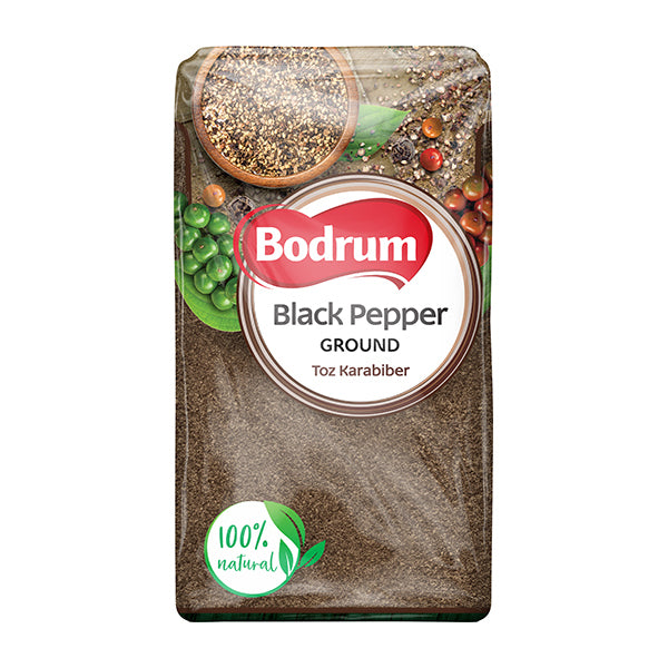 Bodrum black pepper packaging with a white label on a white background