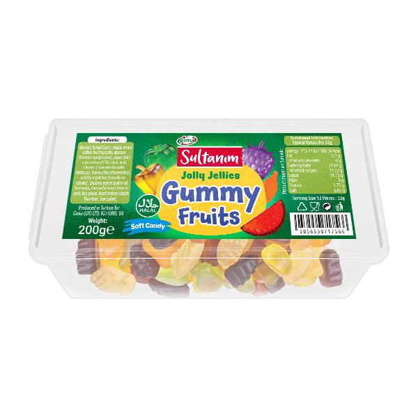 Pack of Sultanam Jolly Jellies Gummy Fruits on a white background
