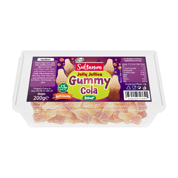 Packaged gummy cola candies with a purple label on a white background
