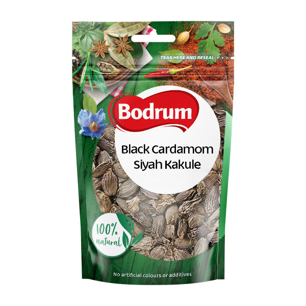 Packaging of Bodrum Black Cardamom with visible cardamom seeds on a white background
