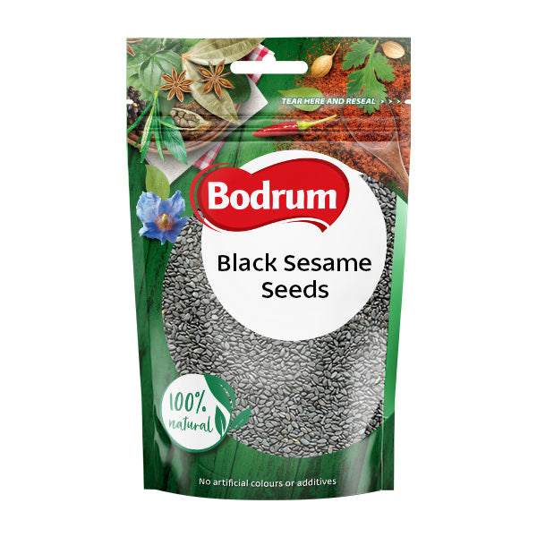 Packaging of Bodrum Black Sesame Seeds with a green background