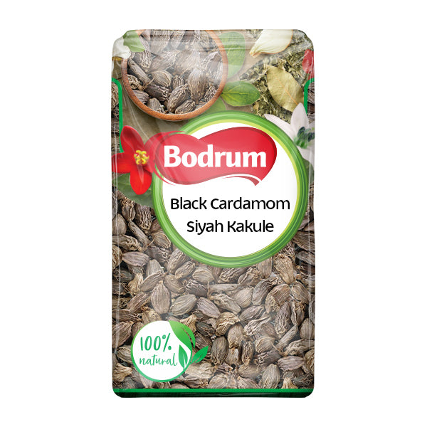 Packaging of Bodrum Black Cardamom with visible cardamom seeds on a white background