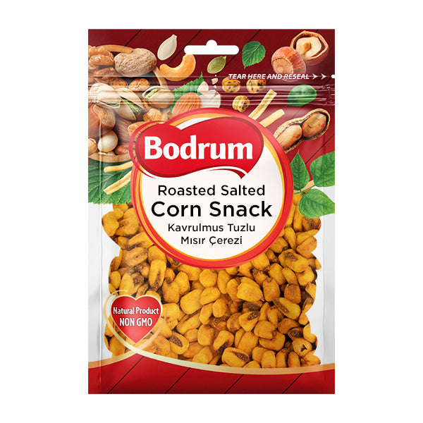 Packaging of Bodrum roasted salted corn snack with a red and white design.