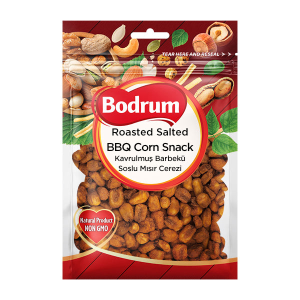 Packaging of Bodrum roasted salted BBQ corn snack with a red background